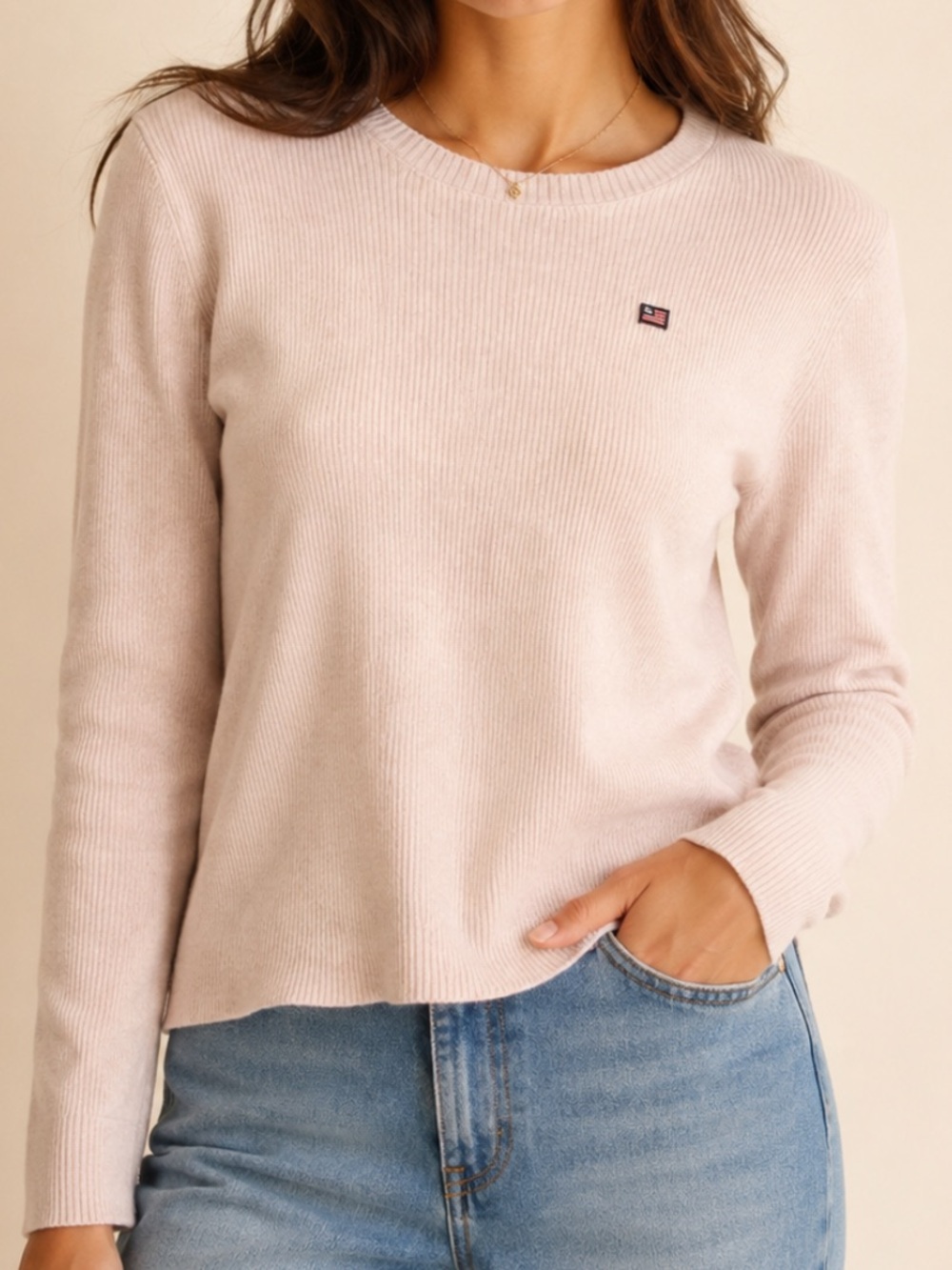 Ralph Lauren Polo Jeans Cotton Blush Pink Ribbed Women’s Crewneck Sweater Size L
